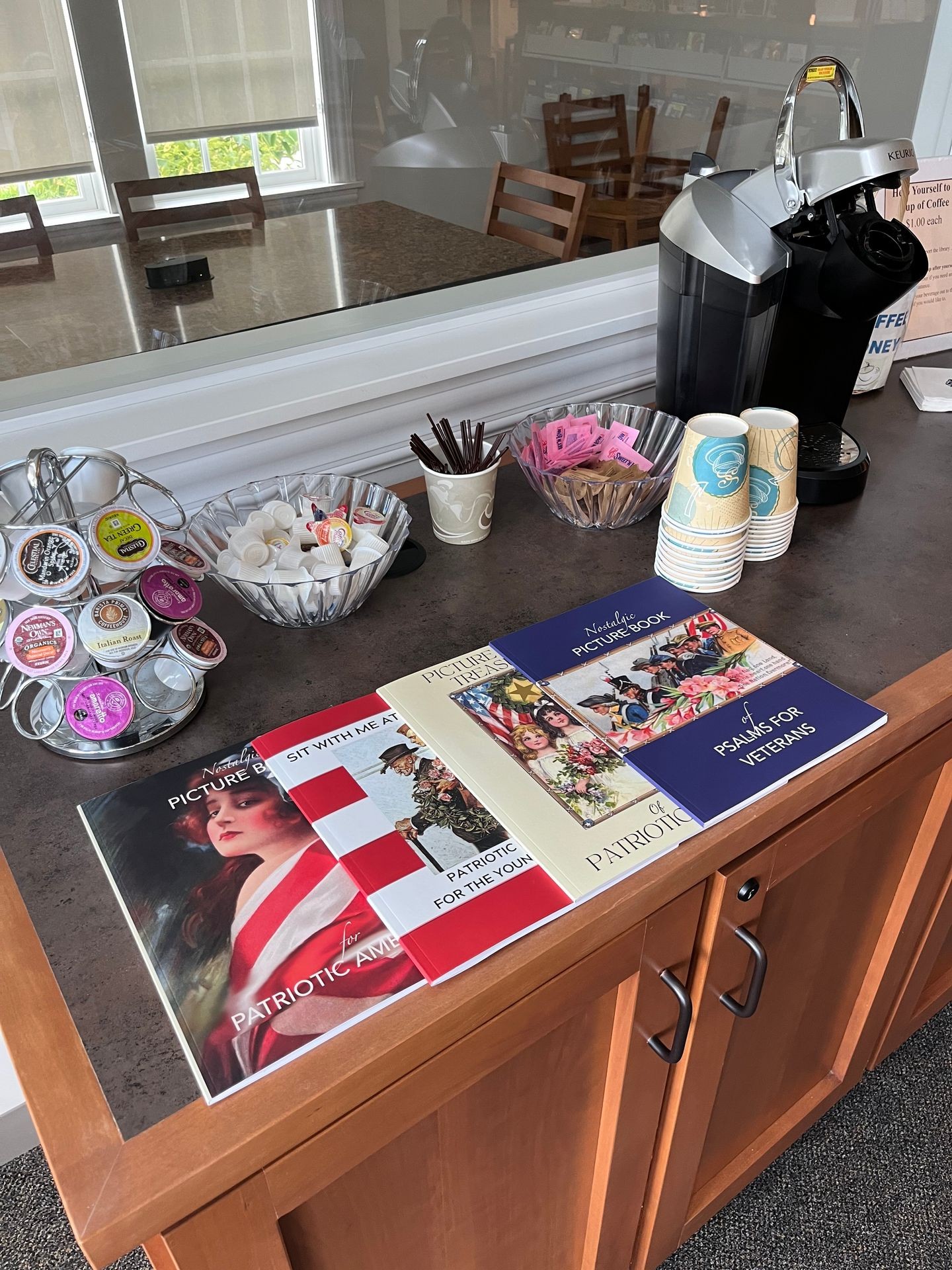 This is a coffee hour set up to receive veterans living with dementia. NANA’S BOOKS has four books for veterans. Patriotic songs, Patriotic poetry, Patriotic picture book and a book of psalms for veterans. NANA’S BOOKS for Veterans are beloved dementia friendly large print books to elicit nostalgia and reminiscence. 